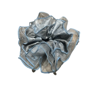 Blue layered lace scrunchie with crystal metal pendants and organza fabric hair tie