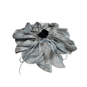 Elegant silver oversized satin flower hair claw clip with hanging crystal pendant charm