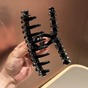 Elegant large shark hair claw clip with charcoal grey crystal beads for women hair styling