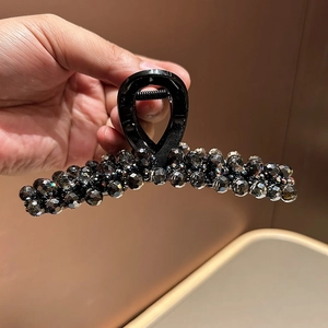 Elegant large black hair claw clip with sparkling grey crystal beads for women