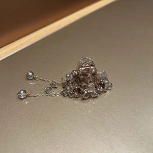Detailed macro of crystal mini hair claw clip with long tassel and champagne beads