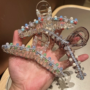 Korean Style Large Acrylic Hair Claw Clip With Colorful Beads And Rhinestones Elegant Shark Clip For Women Hair Accessory