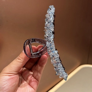 Elegant large hair claw clip with clear crystals and dark brown acrylic base for women