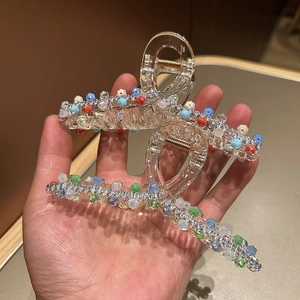 Luxurious acrylic shark hair claw clip with colorful crystal beads and shiny zircons