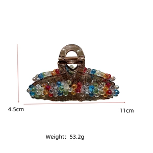 Detail view of 11cm crystal hair claw clip with multi-colored beads and size dimensions