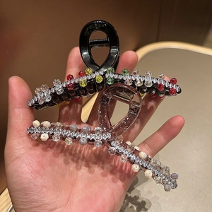 Elegant Korean style shark hair claw clip set with colorful crystals and pearls