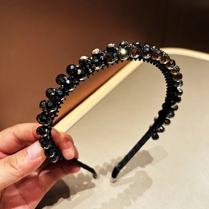 Detailed macro view of handcrafted double-layered black crystal bead headband
