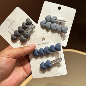 Korean Style Sweet Denim Fabric Heart Hair Clips For Women Rhinestone Embellished Bangs Side Clips Fashion Hairpins