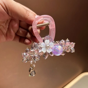 Pink handmade crystal hair claw clip with colorful beads and flower detail for women