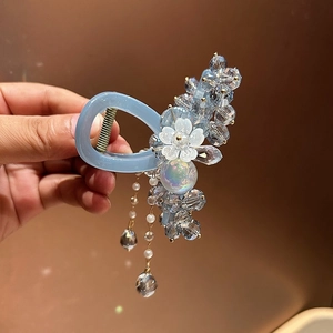 Blue crystal beaded shark hair claw clip with floral accent and pearl tassels for women