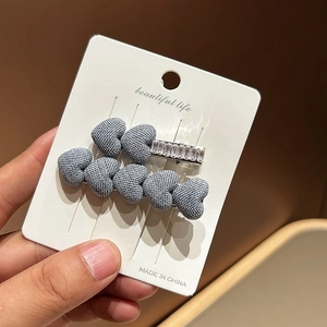 Korean style denim blue heart hair clip set with rhinestones and grey fabric textures