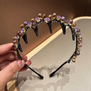 Handmade Artificial Crystal Beaded Headband With Teeth Non-Slip Purple Amber Rhinestone Hair Hoop For Women Fashion Hair Accessories
