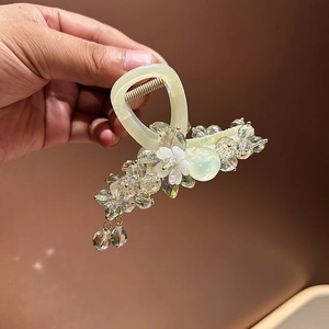 Handmade colorful crystal beaded shark hair claw clip with floral fringe tassels