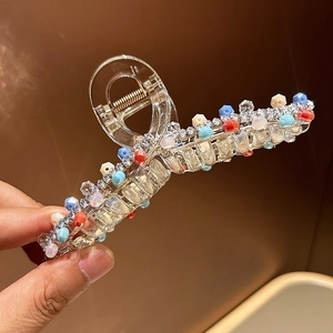 Elegant large shark hair claw with colorful crystal beads and sparkling rhinestones
