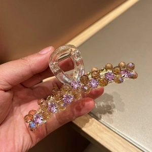 Grande Pince à Cheveux en Acrylique Style Coréen pour Femmes Élégante Violet Ambre Strass Perles de Cristal Accessoires de Coiffure Prise Forte