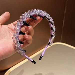 Elegant purple crystal beaded headband with anti-slip inner comb teeth for women