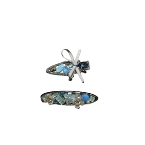 Sweet ice blue bow hair clip and flower rhinestone hairpin set for women and girls