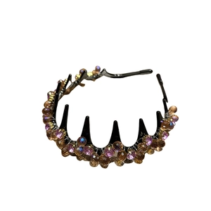 Luxurious crystal headband with purple and amber beads and vintage style toothed hair hoop