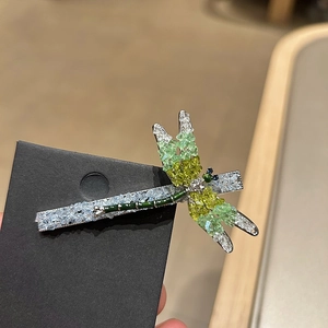 Vintage Sweet Dragonfly Hair Clip Copper Zinc Alloy Green Rhinestone Fairy Style Side Clip Handmade Headwear For Women Jewelry