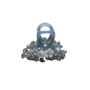 Sky blue translucent hair claw clip with crystal beads and white flower decoration