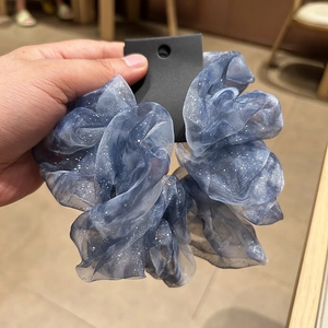 Navy blue organza scrunchie with sparkling silver sequins for women's hair styling