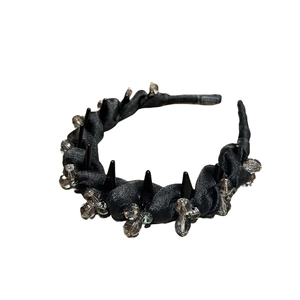 Chic black fabric headband with punk style spikes and crystal beads for women