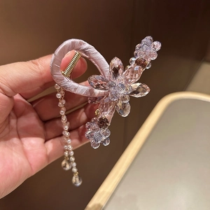 Elegant Satin Wrapped Crystal Flower Hair Claw Clip With Long Tassel Rhinestone Faux Artificial Pearl Hair Accessory For Women Party
