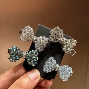 Detailed set of 4 beaded bow hair clips with rhinestones in assorted crystal colors