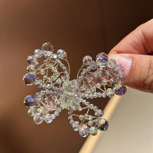 Exquisite handmade crystal butterfly hair clip with gold wire and sparkling bead fringe