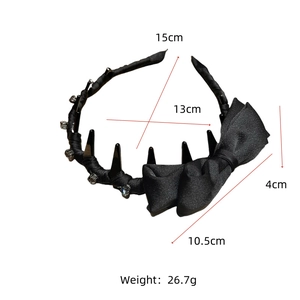 Detail view of black satin bow headband with size measurements and product weight