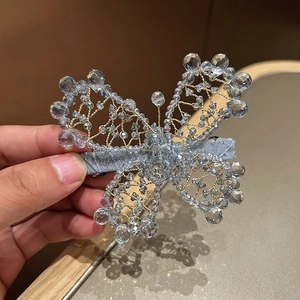Exquisite handmade butterfly hair clip with crystal beads and gold wire woven design