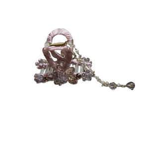 Pink satin hair claw clip with crystal flowers and sparkling rhinestone tassels