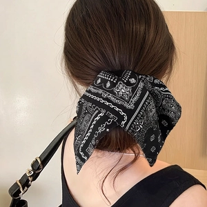 Vintage Paisley Pattern Fabric Large Scrunchie Navy Blue Black Bandana Square Scarf Hair Tie For Women Elegant Hair Accessories