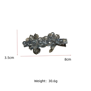 Detail view of rhinestone hair clip with dimensions showing 8cm length and 3.5cm height
