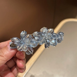 Elegant Korean style handmade hair clip with blue crystal flowers and rhinestones