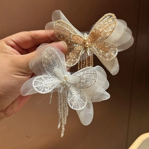 Élégante Pince à Cheveux Papillon Style Fée Avec Gland Alliage Fil de Filet Paillettes Fausse Künstliche Perle Pince à Ressort Femme Bijoux