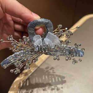 Elegant Handmade Organza Bow Hair Claw Clip For Women Crystal Bead Gold Branch Large Shark Clip Hair Accessory Jewelry