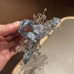 Elegant organza bow hair claw clip with crystal beads and handmade gold wire flowers