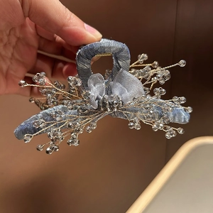 Elegant organza bow hair claw clip with crystal beads for vintage updos for women
