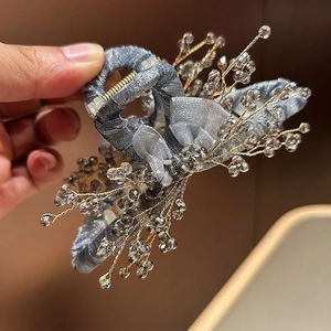 Elegant organza bow hair claw clip with crystal bead embellishments for women