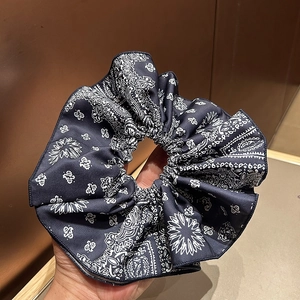 Vintage navy paisley print oversized scrunchie hair tie with elegant chiffon texture