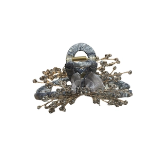 Elegant organza bow hair claw clip with grey crystal beads and gold wire vine detailing
