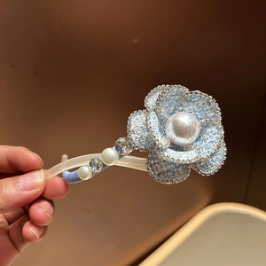 Elegant blue tweed camellia hair clip with sparkling rhinestones and white pearls