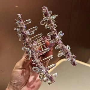 Grande pince à cheveux élégante en tissu violet avec perles de cristal pour femmes