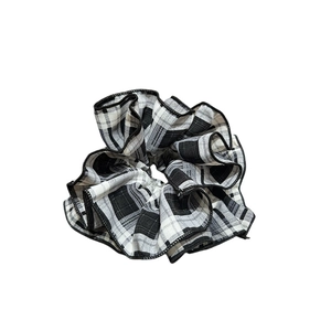 Classic black and white checkered fabric scrunchie with pleated ruffle design for women