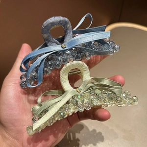 Elegant Satin Ribbon Bow Hair Claw Clip With Artificial Crystal Pearls Large Shark Clip For Women Elegant Hair Accessories