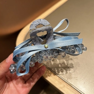 Elegant sky blue crystal ribbon bow hair claw clip for vintage ponytail styling