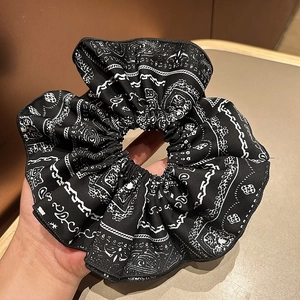 Navy blue paisley print oversized scrunchie for women with vintage boho design