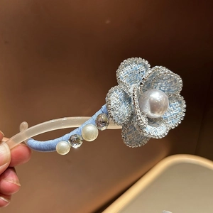 Blue tweed camellia hair clip with sparkling rhinestones and elegant pearls