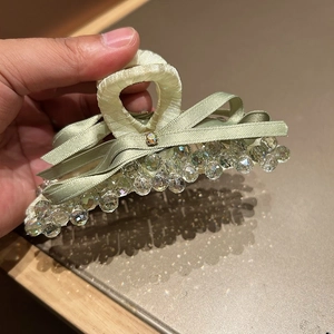 Elegant light green ribbon bow hair claw clip decorated with sparkling crystal beads